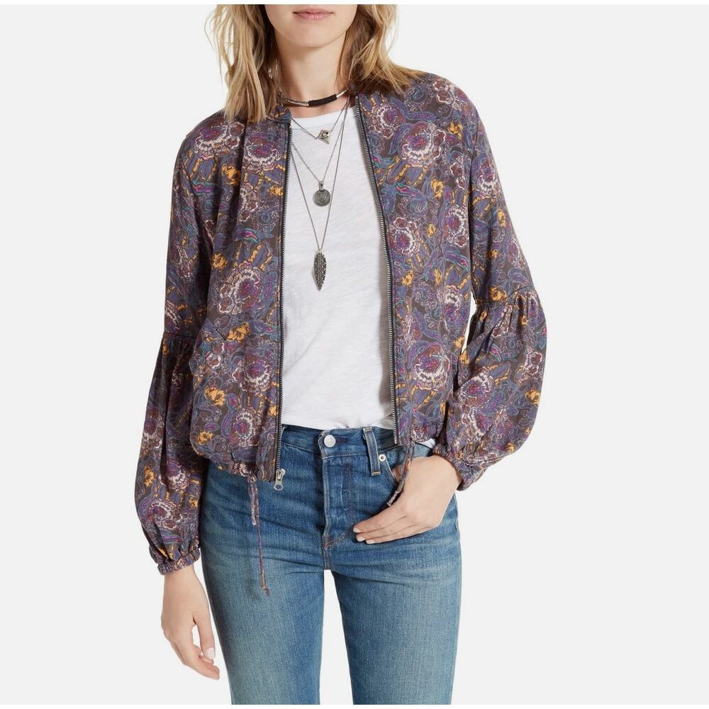 Free People Soft Printed Balloon Sleeve Jacket Size XS Purple Floral Boho Zip-Up - Picture 3 of 13